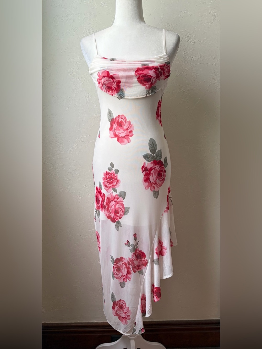 No Comment Pink Rose Floral Ruched Mesh Midi Dress Size S